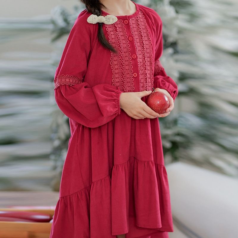 D633 Girls' Dress 2024 Autumn/Winter Korean Style Corduroy Cake Dress Lantern Sleeve Christmas/New Year Dress for Medium and Large Children