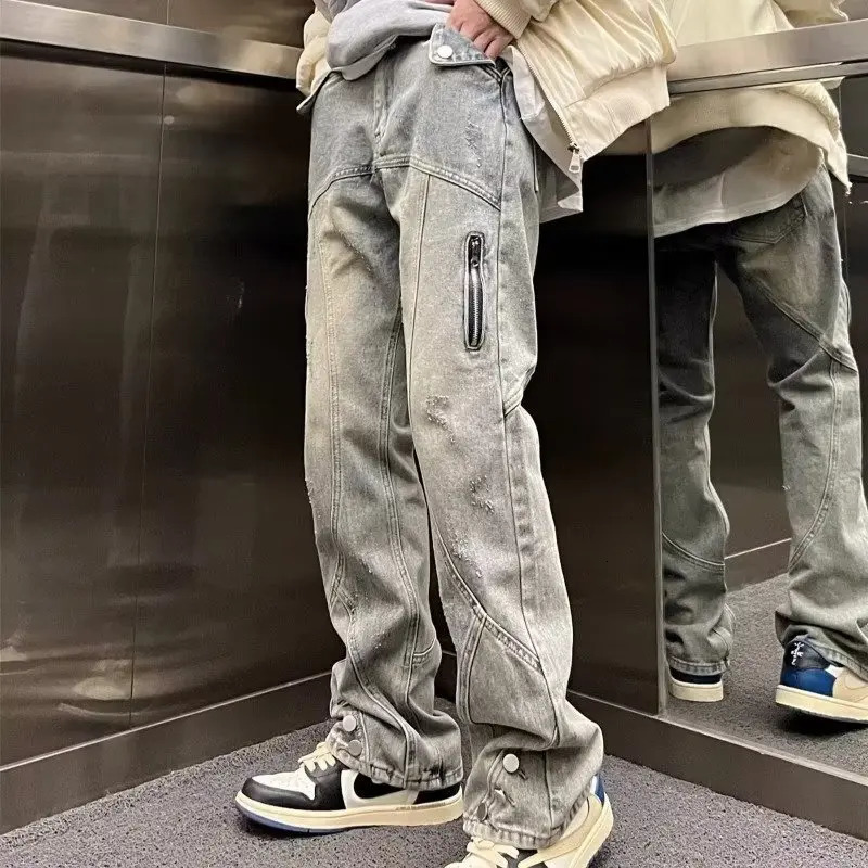 High Street American retro jeans with loose fit for men and women zipper slack 250402