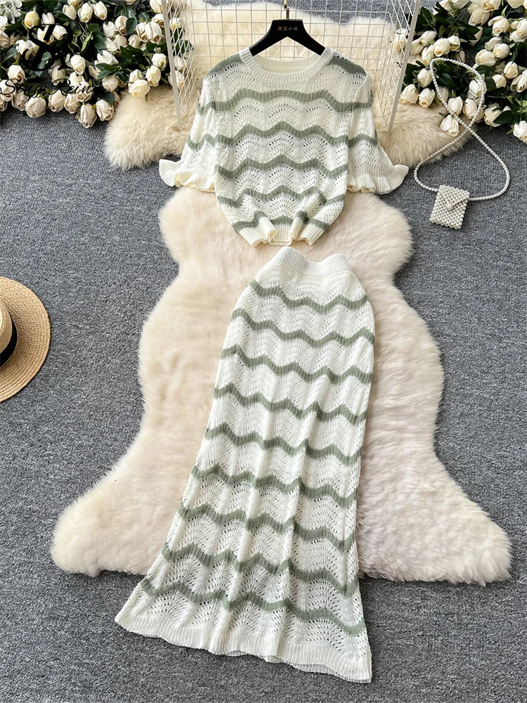 SINGREINY Summer Beach Knitted Suits Loose Basic TopsHigh Waist Long Skirt Hollow Out Striped Korean Female Two Pieces Sets 250403