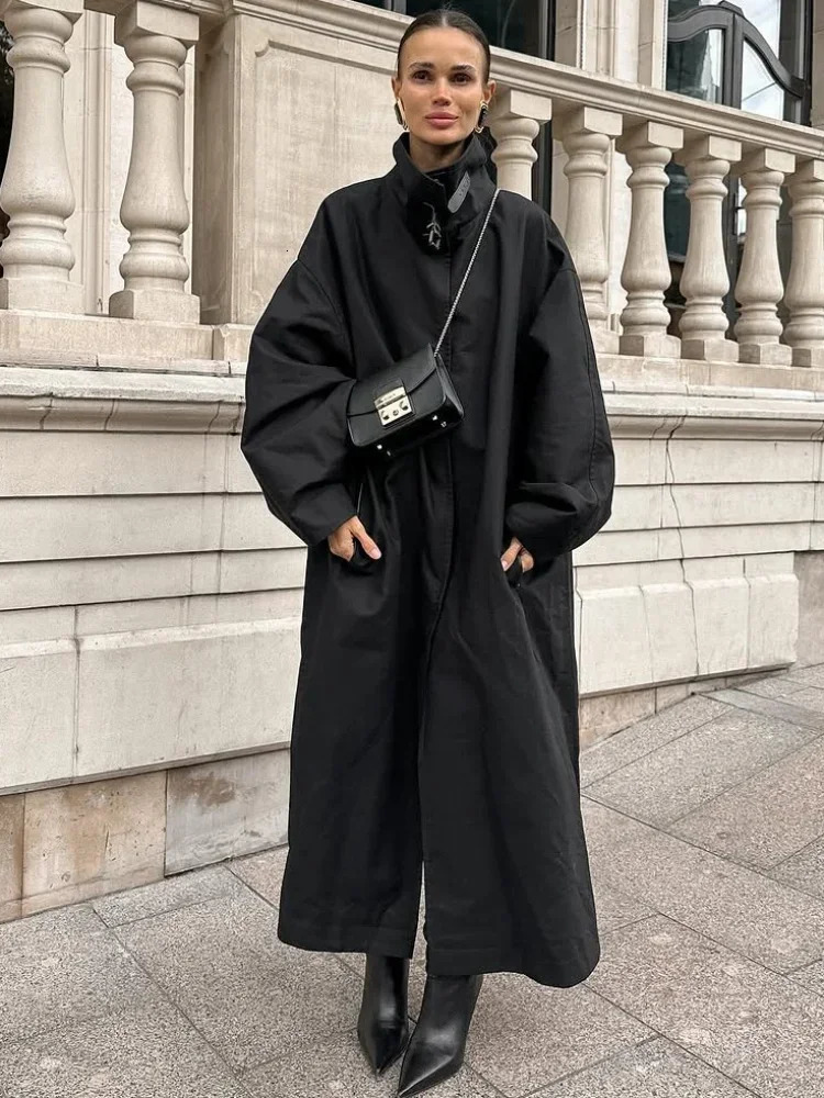 Black Stand Collar Long Windbreaker Women Fashion Full Sleeve Singlebreasted Loose Trench Coat Lady Autumn High Street Outwear 251103