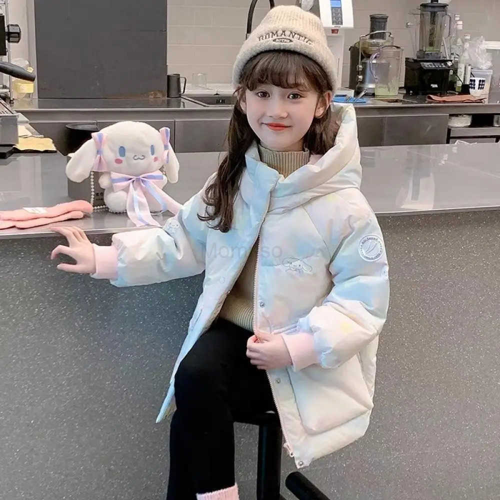Sanrio Winter Anime Sanrios Cartoon Cinnamoroll Kuromi Childrens Down Clothes Fashion Girls Thicken Hooded Warm Cotton Padded Jacket H251104