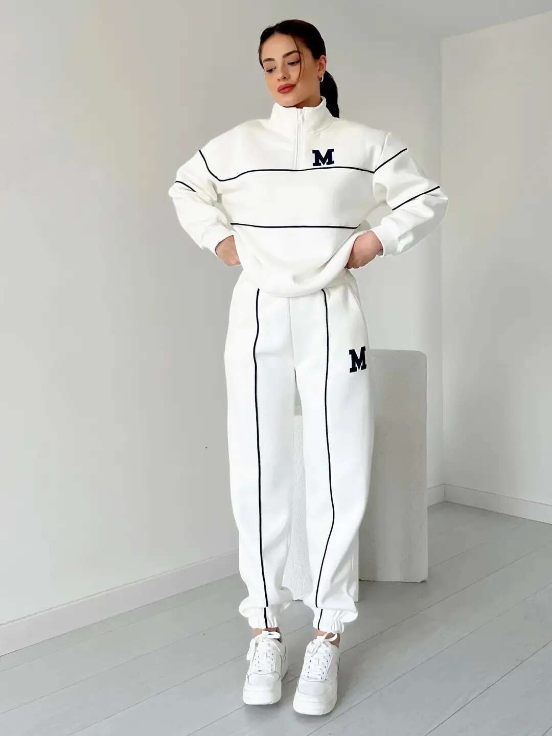 Autumn Winter New Fashion Letter Print Sweatshirt Set Casual Zipper Half Open Collar Long-Sleeve Top + Sweatpants Two-Piece Suit