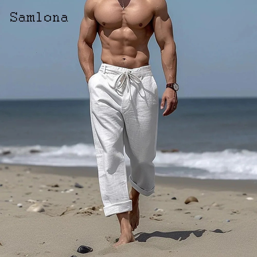 Samlona Mens Casual Linen Pants Solid Elastic Waist Loose Straight Trouser Plus Size 3xl Mens Fashion Leisure Beach Pants 250402