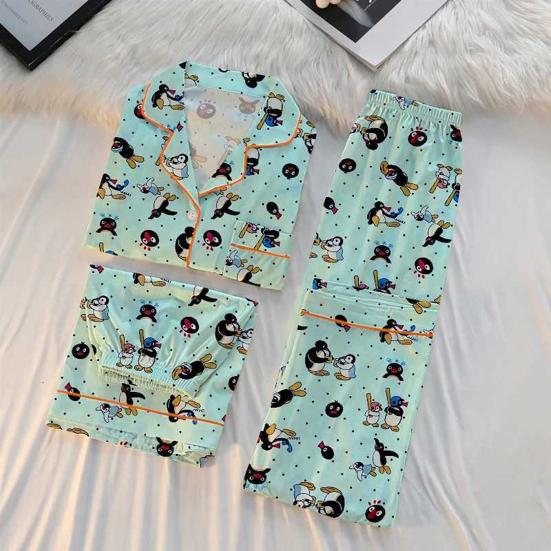 Fashion Kawaii Cute Cartoon Little Penguin Print Womens 3pcs Pajamas Korean Y2k Milk Silk Homewear 2024 New Fall/winter Lady Sleepwear Y251104