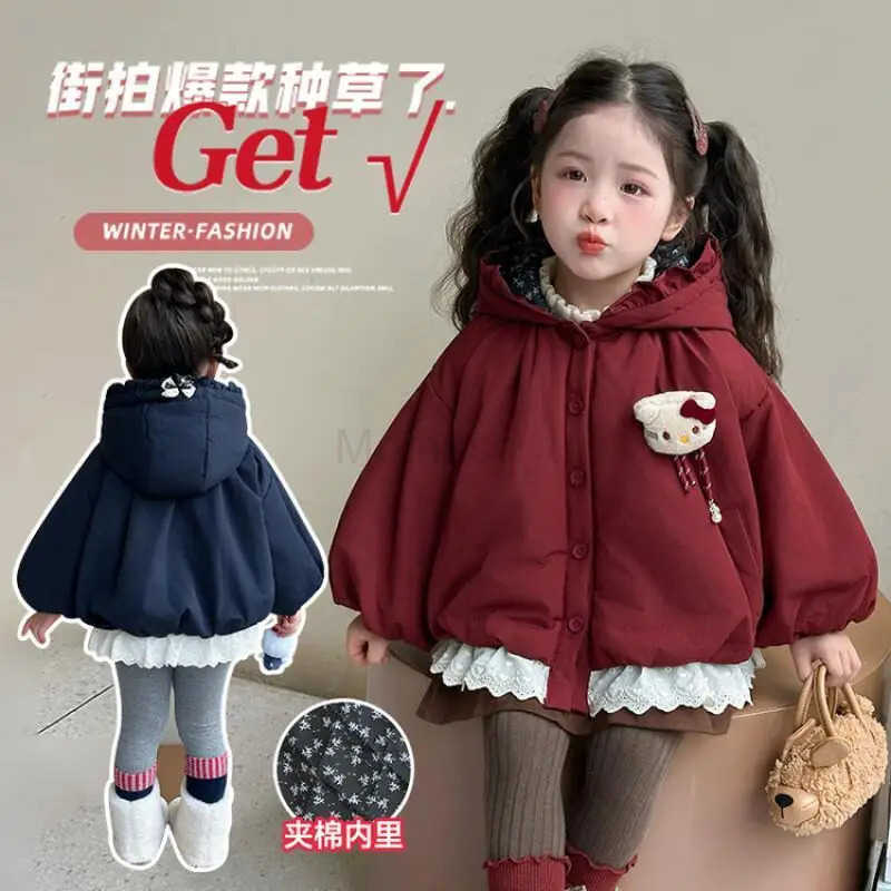 Sanrio Hello Kitty Girl Cotton jacket Kawaii Fashion Winter Student Casual Zipper Keep Warm Thickening Tops Lace Childrens Clothing H251104