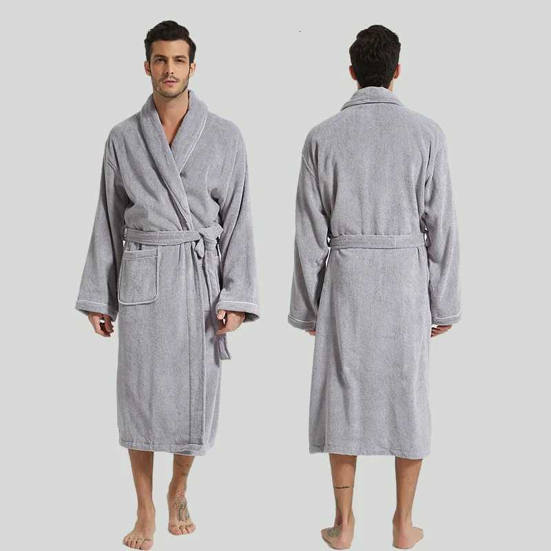 Bathrobe Men Luxury 100 Cotton White Sleepwear Towel Fleece Robes For Male Plaid Robes Long Bath Robe Bride Robe Dressing Gown C251104
