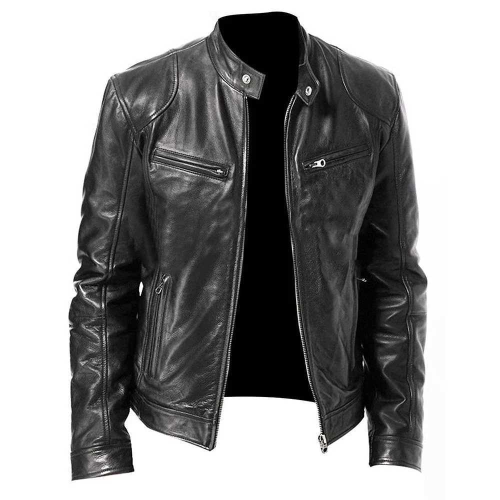 PU Jacket Men Fashion Leather Jacket Slim Fit Stand Collar Male Antiwind Motorcycle Lapel Diagonal Zipper Men Coat J251103