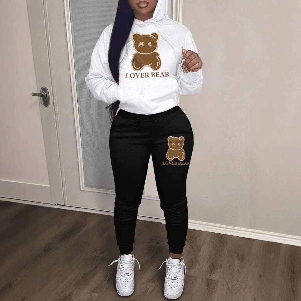 New casual hooded sweatshirt set with trendy bear head printed sweatpants set, European size sweatshirt, 2025 new style, chic and elegant clothing