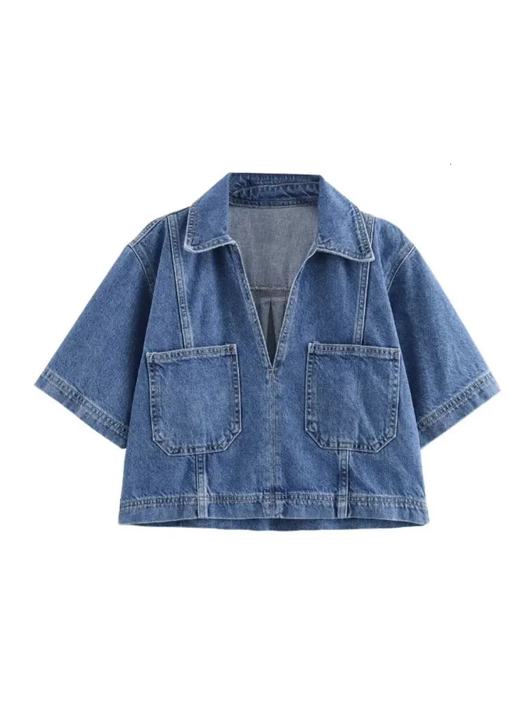 Summer denim two-piece set short sleeved pocket womens top mini skirt shorts fashionable casual womens two-piece set Y2K 250402