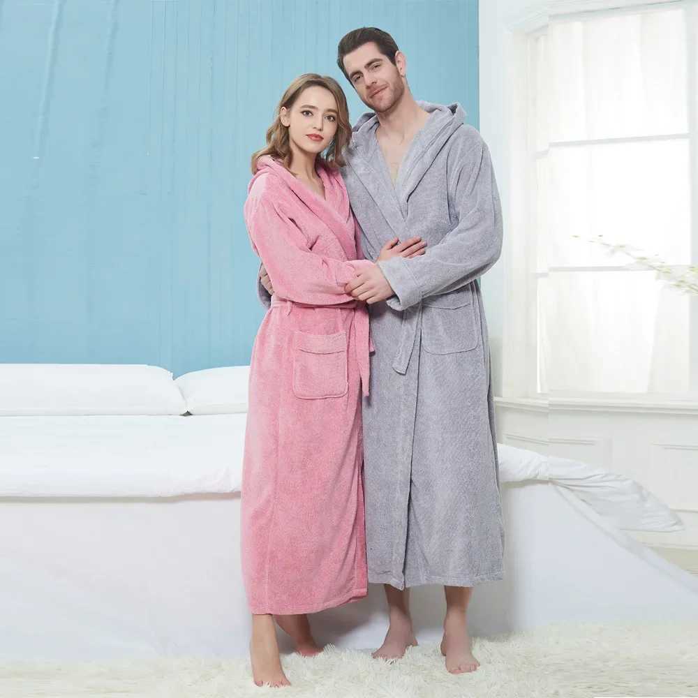 High Quty Mens Robe Hooded Winter Bathrobe Male Long Thick Warm Terry Fleece Towel Dressing Gown Couple Home Bath Robes C251104
