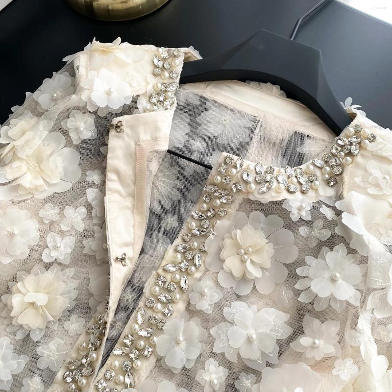 2026 autumn and winter fashion heavy industry women's pearl diamond jacket round neck long sleeved cardigan 3D flower design