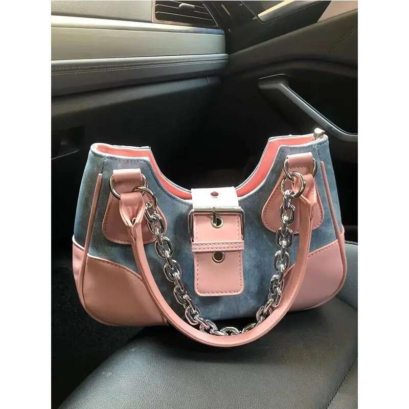 Y2k Pink Shoulder Bag For Women Designer Gothic Crossbody Handbag Chain Motor Style Cool Girl Denim Large Capacity New