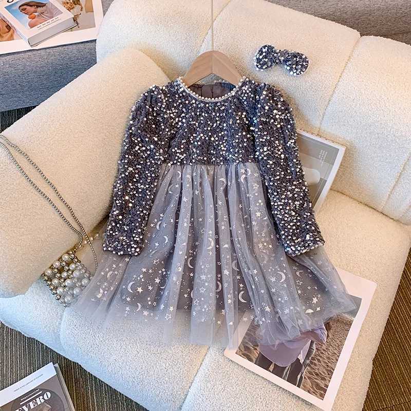 2024Girls Autumn and Winter Fleece-lined Princess Fashionable Sequins New Years Day Performance Costume Evening Dress C251104