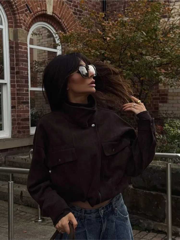 Autumn Women Faux Suede Jacket with Zipper Simple High Collar Elegant Lady Warm Oversize Coats Chic Female Tops J251103