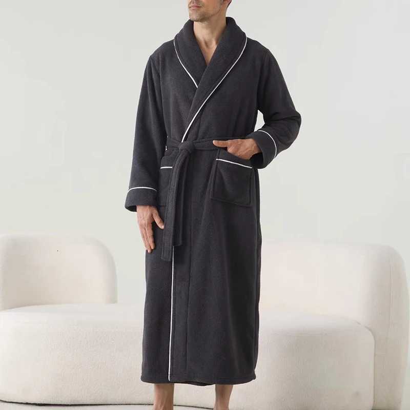 HEZIOWYUN Mens Plush Thicken Long Bathrobe Shawl Collar Soft Long Sleeve Lapel Spa Robe with Belt Winter Warm Robes Bath Shower C251104