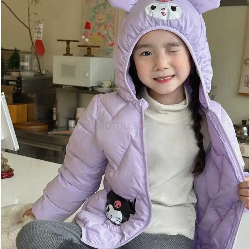 Sanrio Kuromi Kids Cartoon Cotton Padded Jacket Girl Kawaii Thick Hooded Jacket Leisure Keep Warm Coat Autumn/winter Clothes New H251104