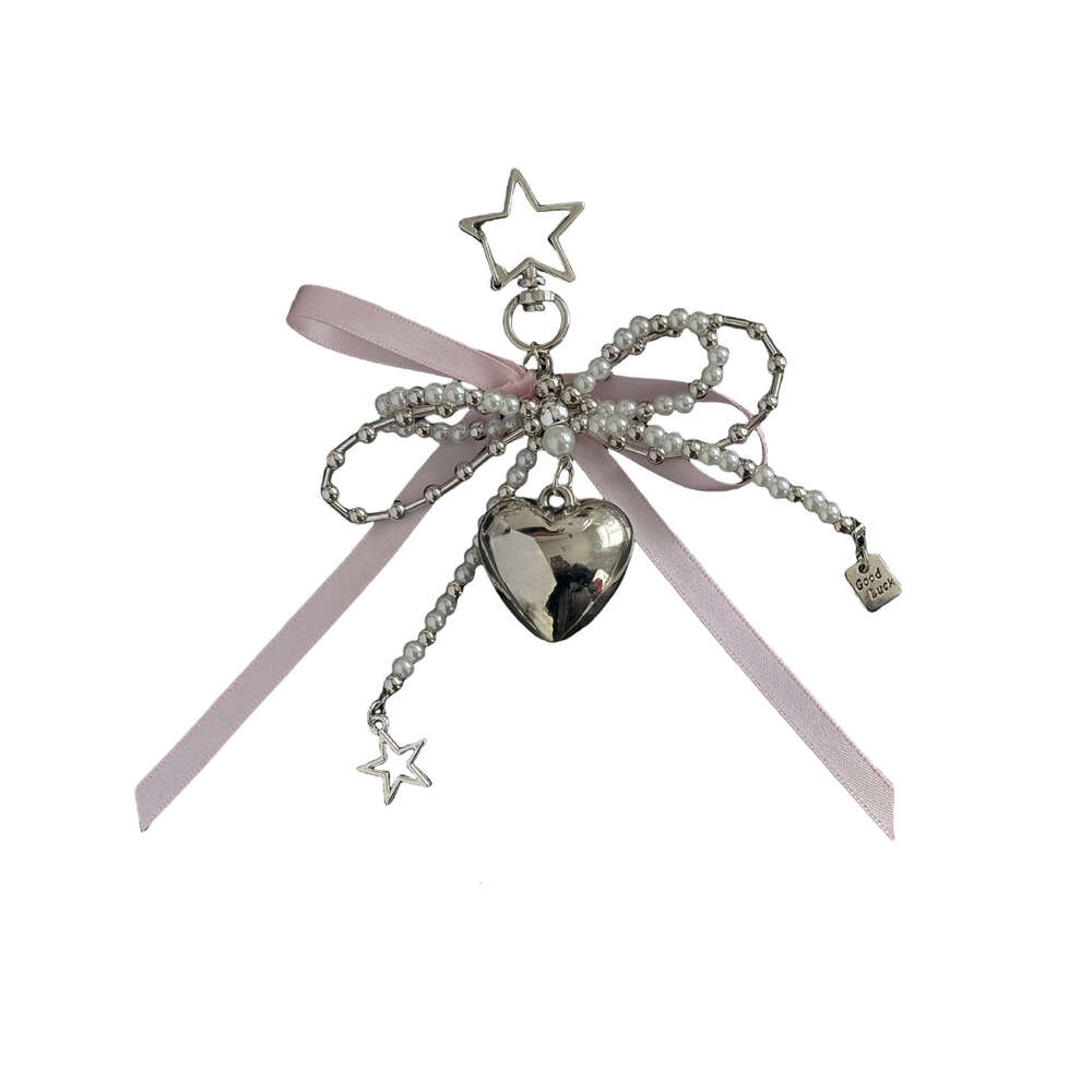 Korean Style Sweet Pearl Bowknot Pendant Silver Heart Keychain Cute Bag Accessory