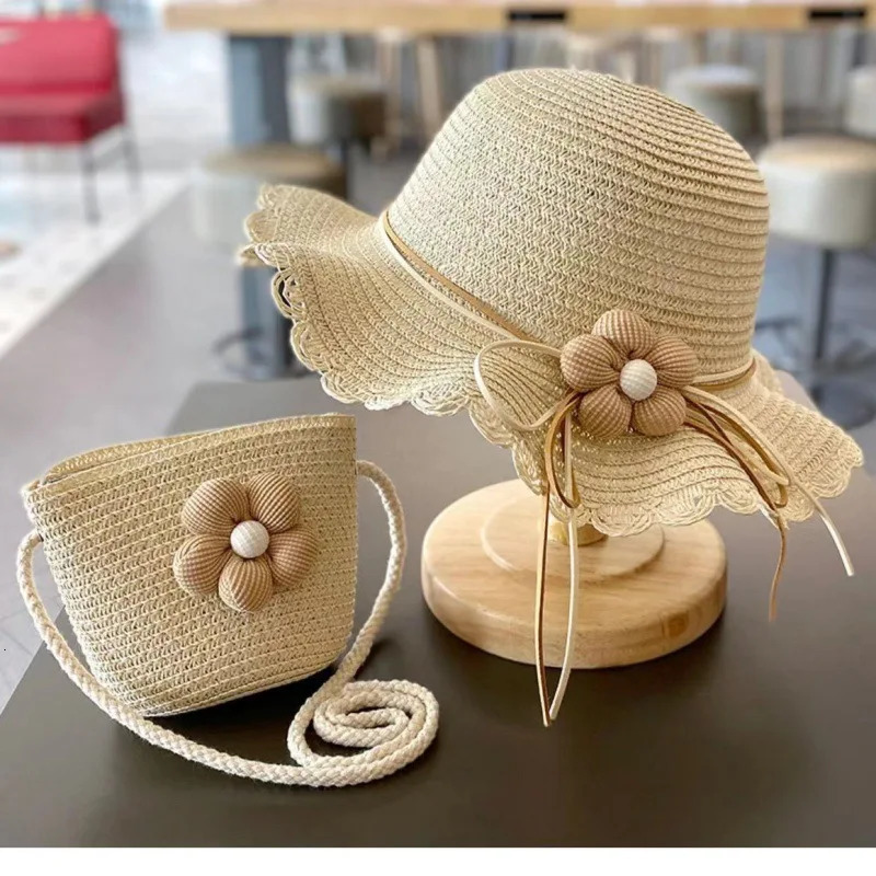 Summer Baby Flower Straw Hat With Handbag Bags 2pcs Set For Kids Little Girls Sun Cap Visor UV Protection Panama Hat gorras 250326