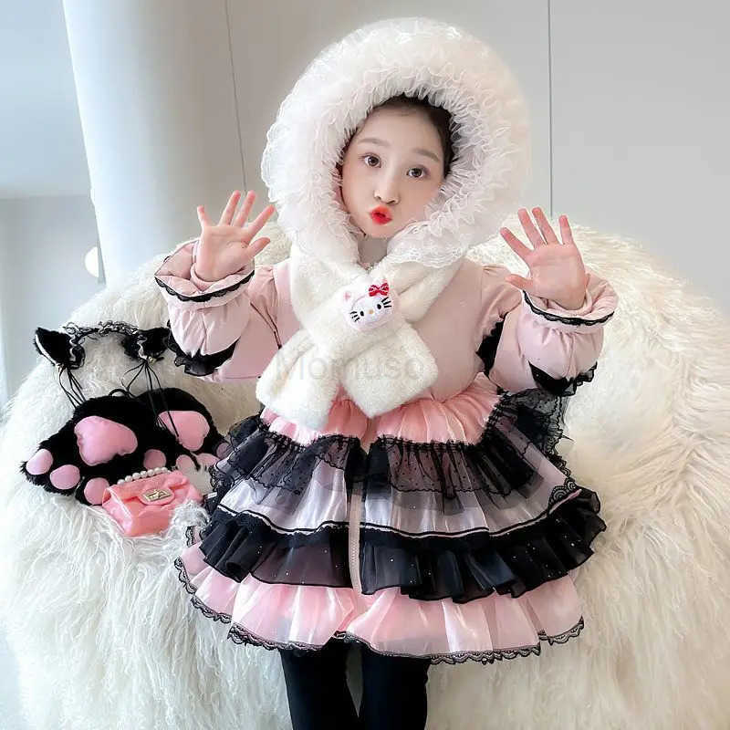 Sanrio Anime Hello Kitty Girl Lolita Long Down Jacket Dress Winter Thick Coat Bow Decoration Birthday Dress Halloween Gift H251104