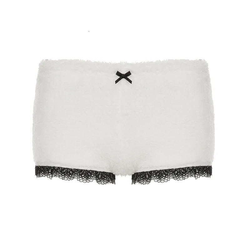 HEYounMIRL Y2K Comparison Lace Decorative White Mini Shorts Korean Cute and Style Low Waist Bow Detail Knitted Velvet Set 250401