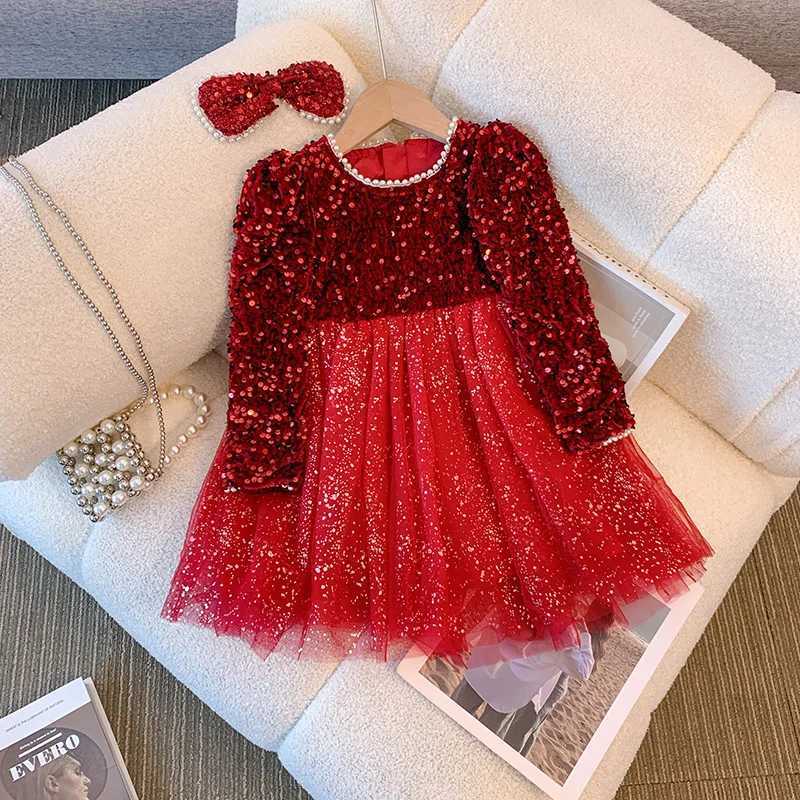 2024Girls Autumn and Winter Fleece-lined Princess Fashionable Sequins New Years Day Performance Costume Evening Dress C251104
