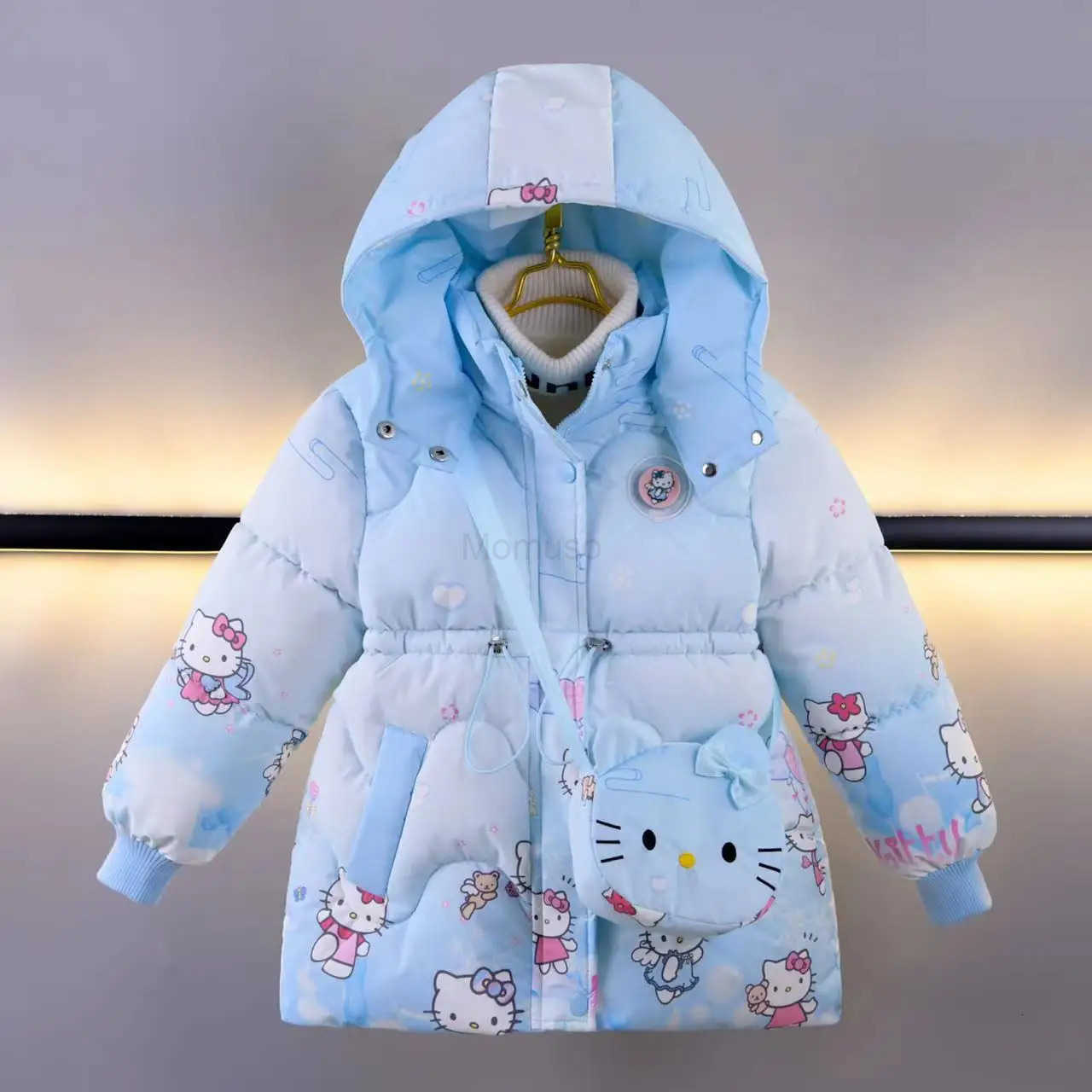 Sanrio Baby Girl Outerwear New Winter Children Cartoon Hello Kittys Printed Plush Thick Warm Princess Coat Zipper Hooded ParkaBag Gift H251104