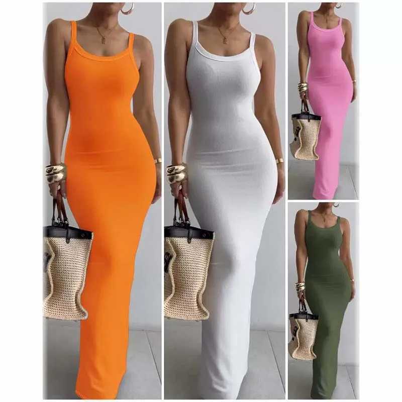 Casual Suspender Knitted Dress Women Slit Slim Design Long Dress Fashion Solid Color Strt Robe Dresses Vacation Wear 2024 New X2504031