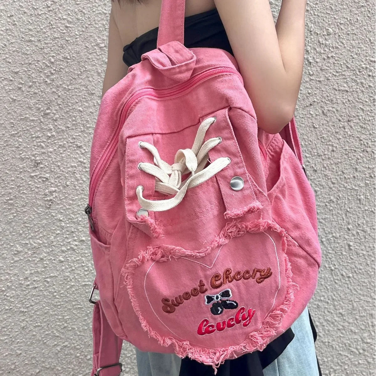 Cute Pink Denim Women Backpacks Large capacity shoulder Bags Girls School Embroidered letters daypacks Travel Jean Bagpack y251104