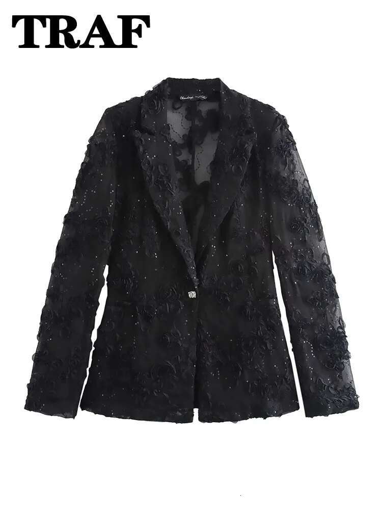 TRAF Elegant Sets Solid Color Sequin Decorative Semi Transparent Pants Wer Texture Blazer Top Set For Women 2 Piece