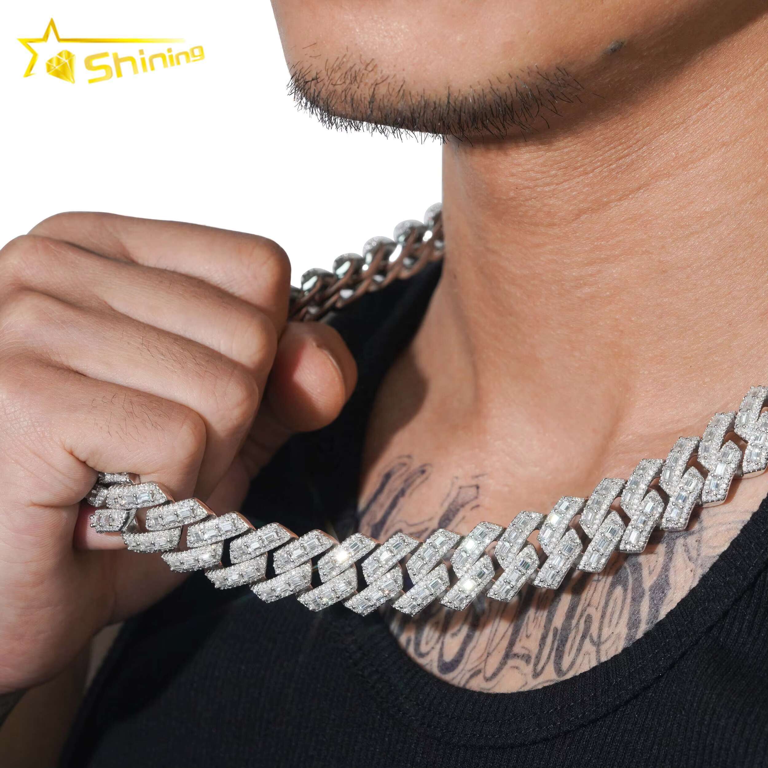 Pass Diamond Tester Rapper Jewelry Iced Out Baguette 18MM 925 Silver Hip Hop Moissanite Cuban Link Chain