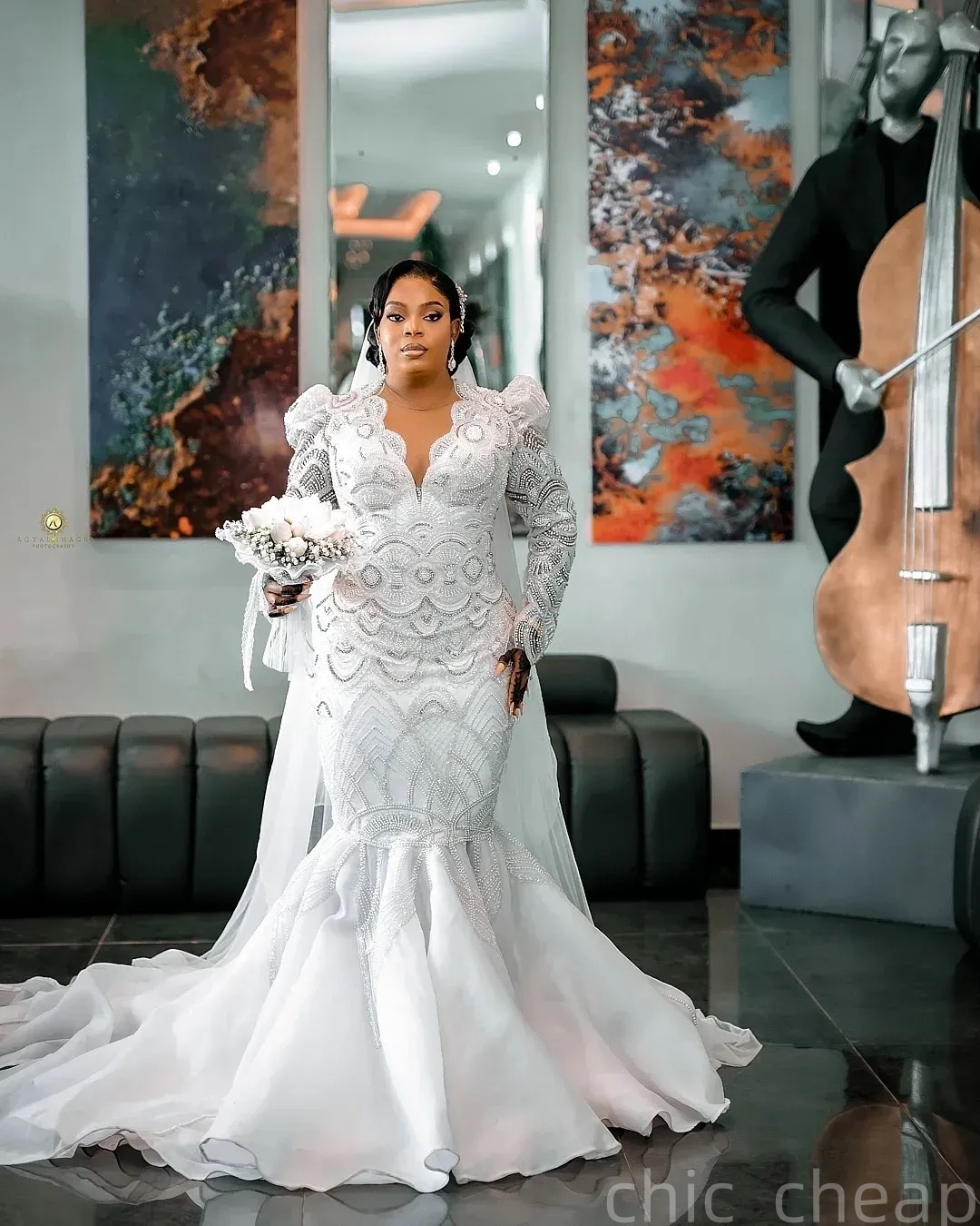 2025 Arabic Aso Ebi Plus Size White Wedding Dress Beaded Crystals Full Sleeves Organza Luxurious Bridal Gowns Dresses ZJ0557