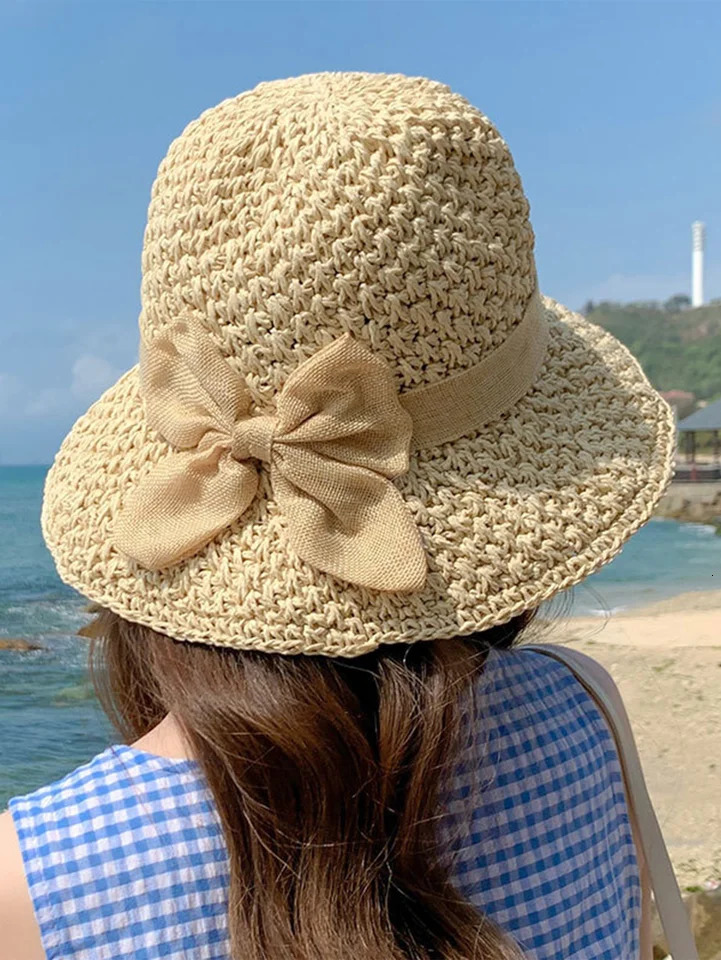 Handmade Straw Hat for Women Summer Fashion Bowknot Foldable Sunscreen Panama Lady Sweet Wide Brim UV Sunscreen Beach Cap Girl 250326