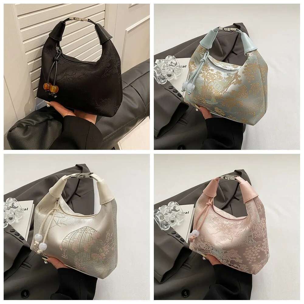 4-color embroidery Chinese tote bag Zipper canvas pea purse Adjustable cheongsam bag shoulder bag Leather bag