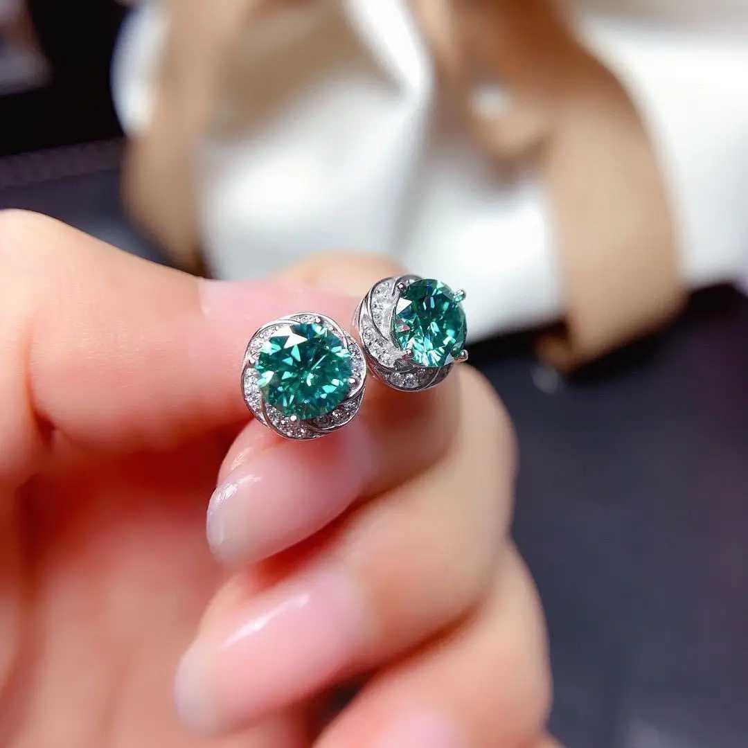 Luxury Blue and Green Moissanite CZ Stud Earrings Silver Color Jewelry Engagement Wedding Earring For Wen Bridal GiftsC250403