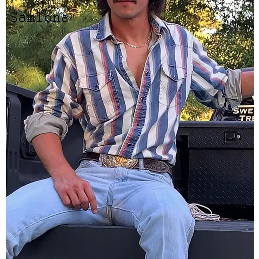 Mens casual pocket shirt Long sleeve basic top Retro striped shirt Fried Dough Twists collar shirt Blue oversize mens clothing 4xl 250403