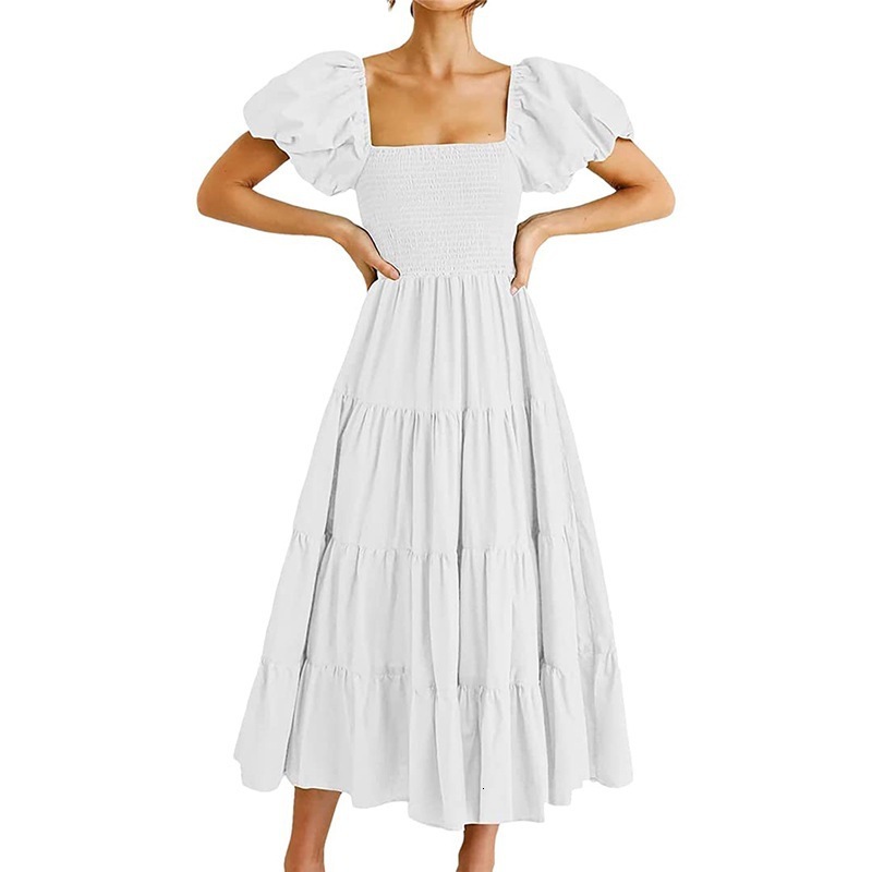 2025 Womens Loose Casual Bubble Sleeve Long Solid Color Dress