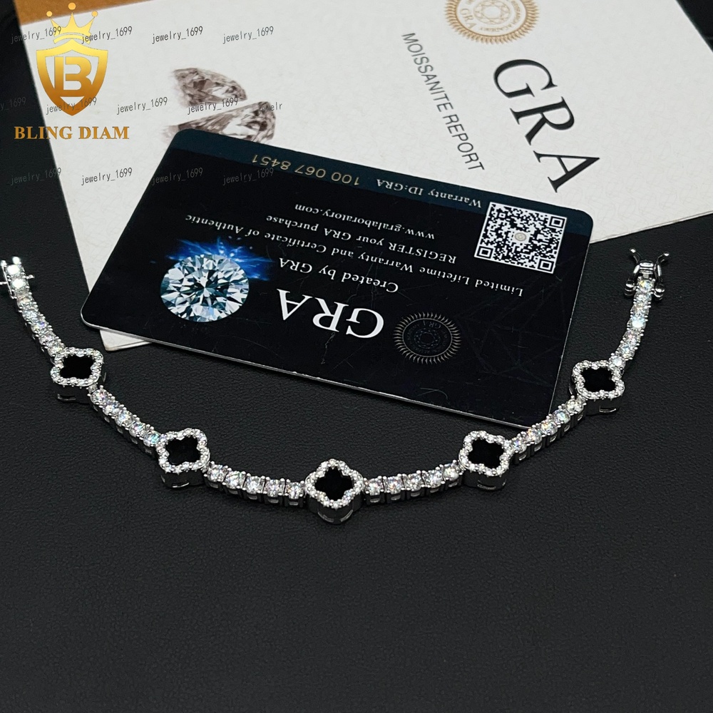 Fashion 3mm Black Clover Moissanite Tennis Chain Bracelet 925 Silver 3mm Moissanite Bracelet Pass Diamond test Hip Hop Bracelet
