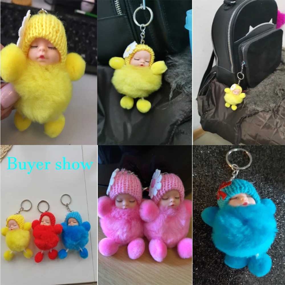 1 Pcs Cute Sleeping Baby Bowtie Fluffy Pompom Fur Plush Doll Keychain Keyring Key Ring Women Girls Bag Pendant JewelryW251103