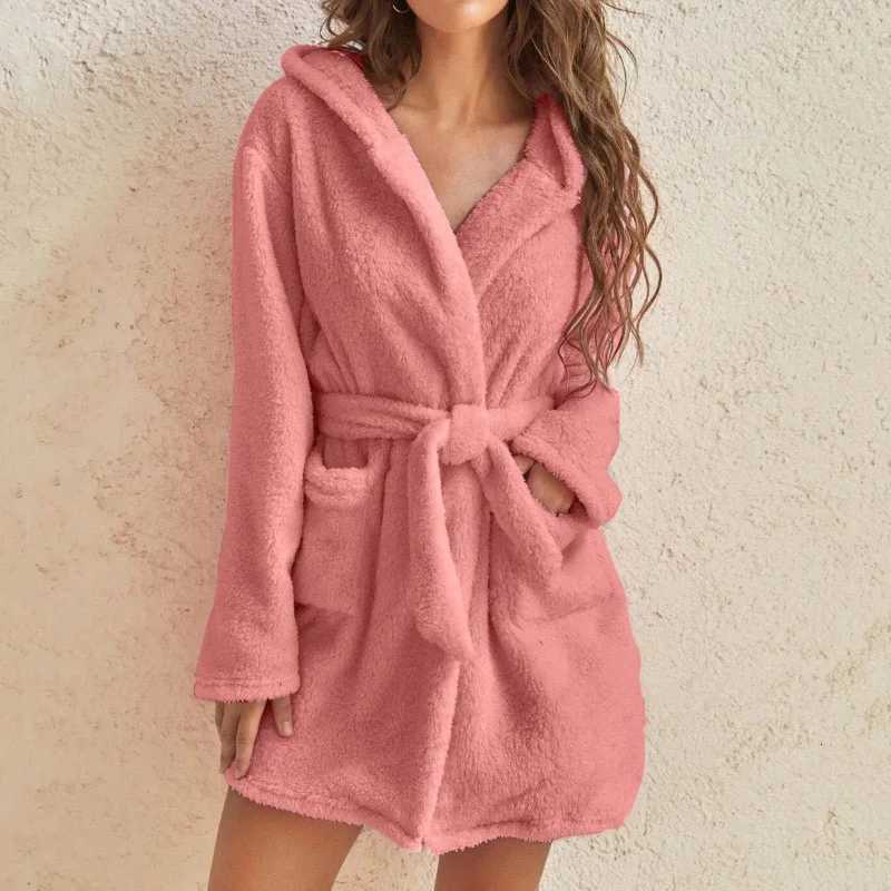 Winter Women Bath Robe Fluffy Plush Pyjamas Ladies Sexy Hooded Dressing Solid Color Gown Warm Bathrobe Female loungewear C251104