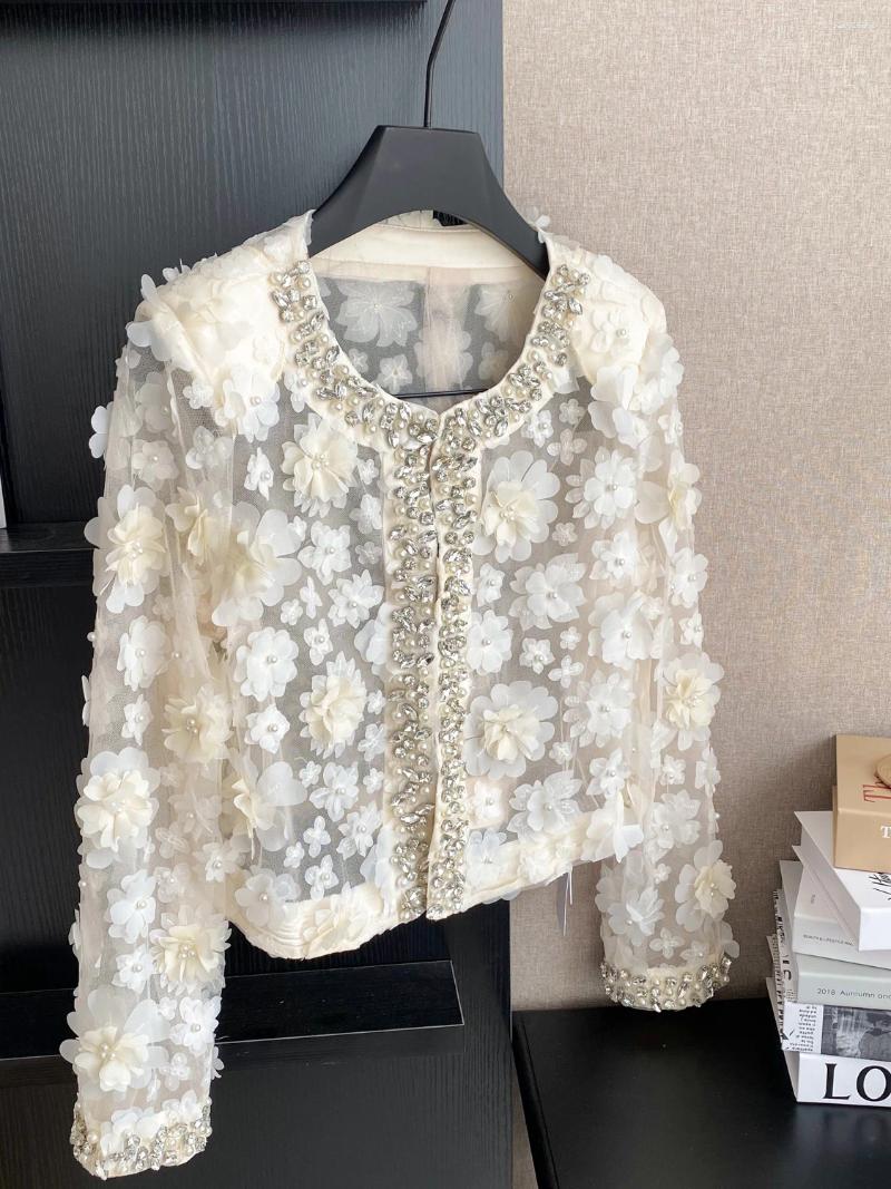 Women's Jackets Heavy Industry Bead Diamond Round Neck Long Sleeve Three-dimensional Flower Jacket Cardigan Top