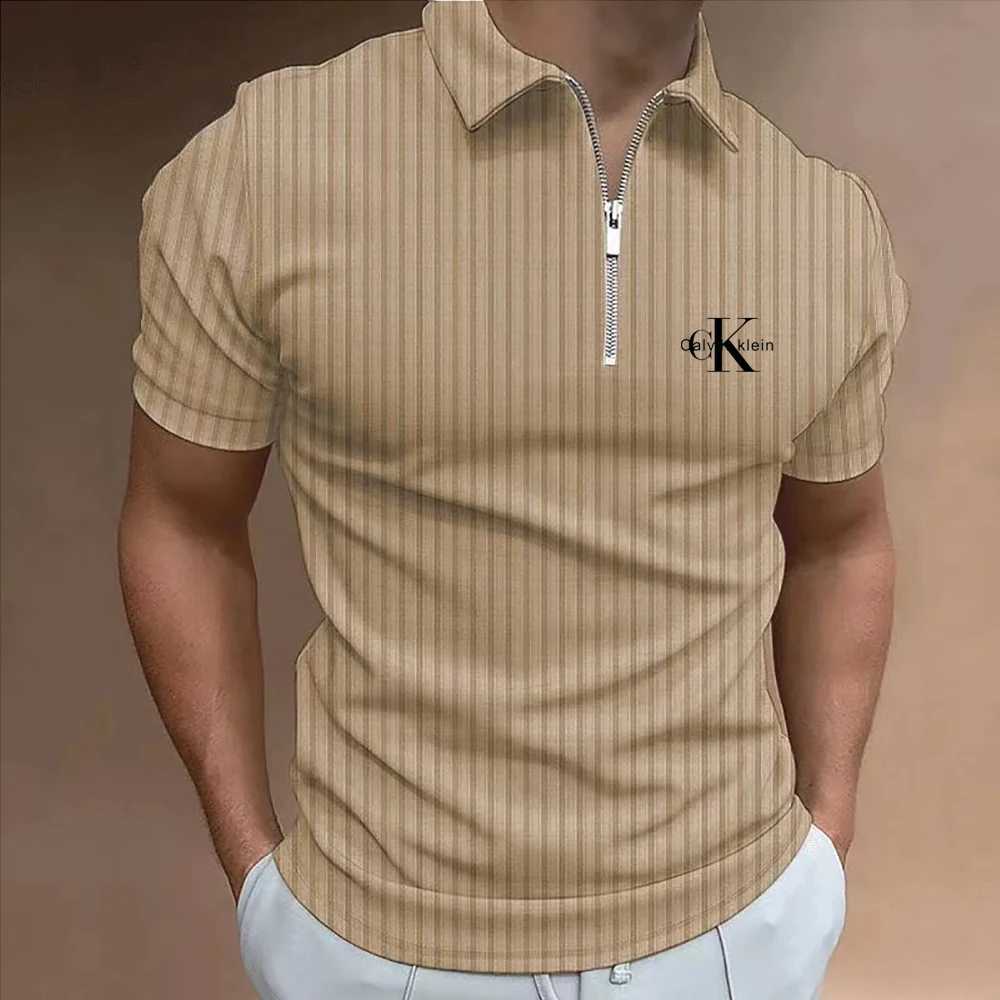 Summer Mens Striped Polo Shirt Short Sleeve Collar Zipper T-shirt and Mens Casual Street Mens Top W250403