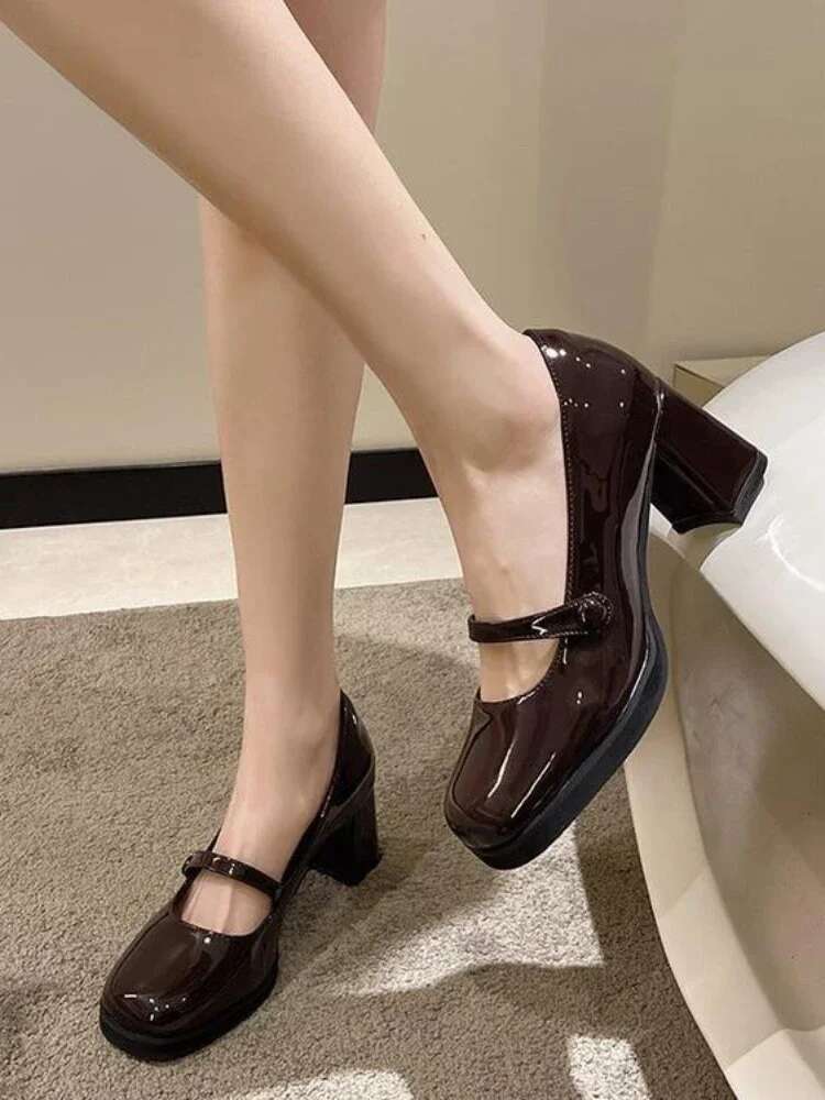 Comemore Summer New Patent Leather Brown Vintage Thick High Shoes Women Woman Square Toe Chunky Heels 2024 Black