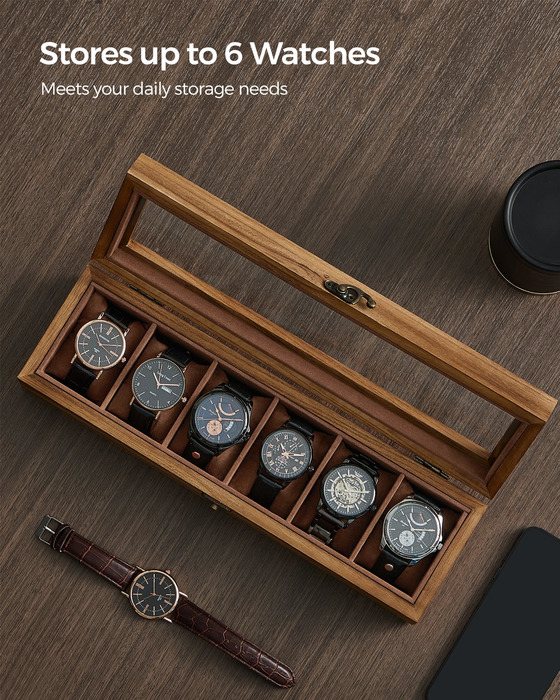 SONGMICS Watch Box 6Slot Watch Case Solid Wood Watch Box Organizer with Glass Lid Watch Display Case with Removable Pillows 251027