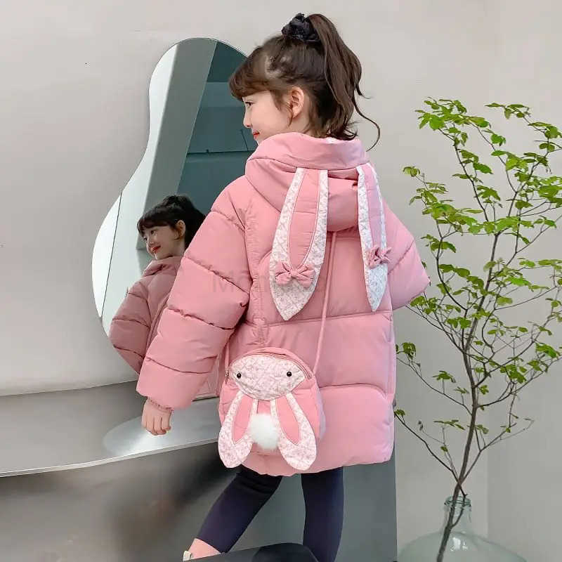 Sanrio Girls Winter Down Jacket 2025 New Design Thickened Long Coat with Bunny Ears Kids Cotton Winterwear H251104