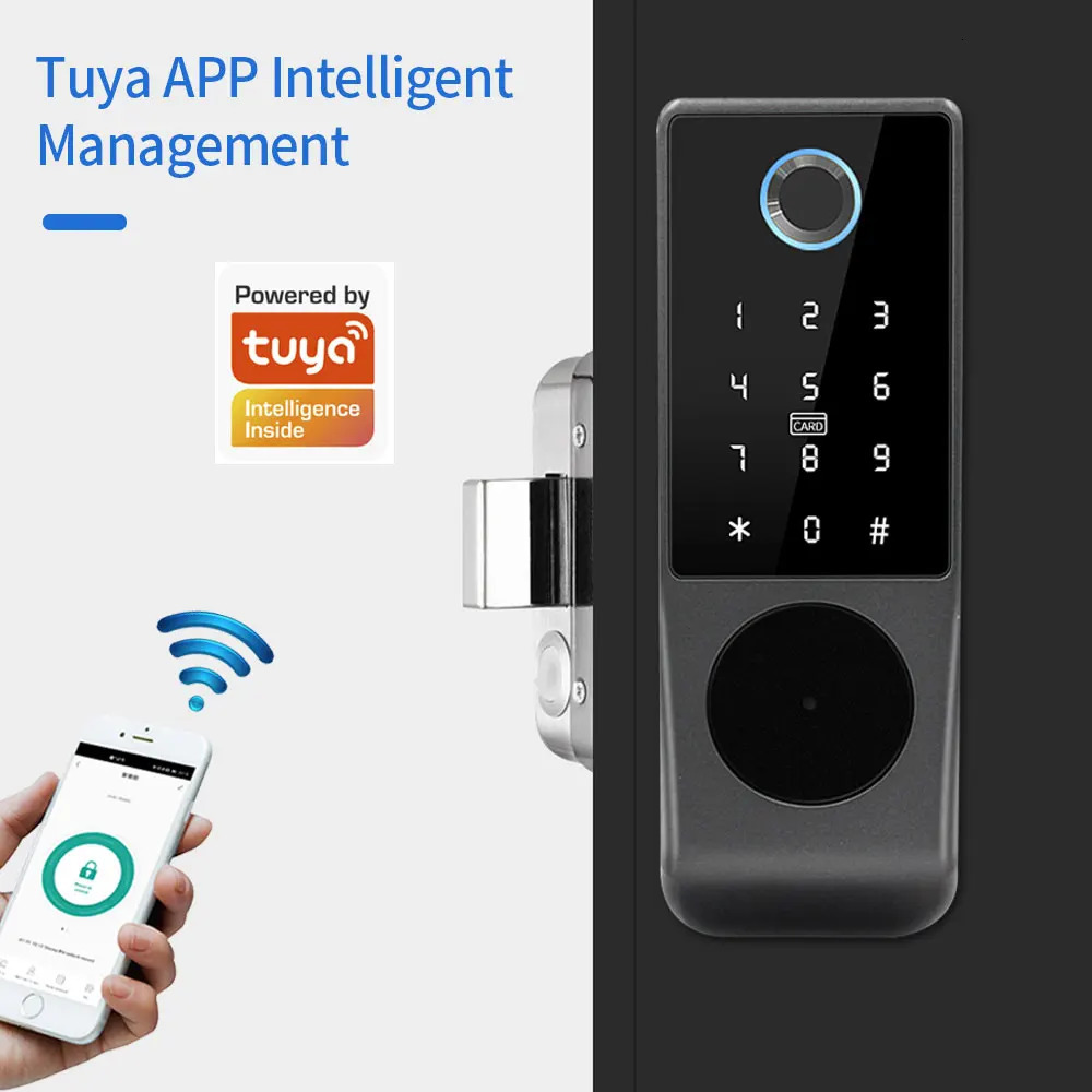 Waterproof Tuya Wifi Remote Control Fingerprint Motor Rim Lock Card Code Smart Door Lock Work for Google Alexa Echo 250402