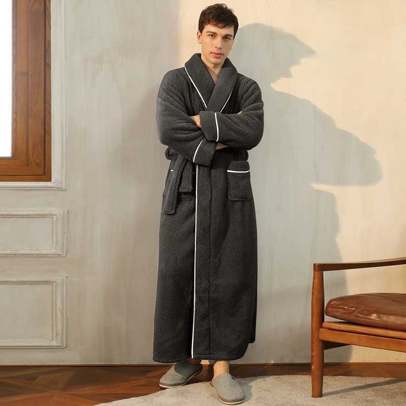 SHiONFA Mens Long Sleeve Soft Robe Thick Cotton Velvet Nightgown Warm Extended Sleepwear for Autumn Winter C251104