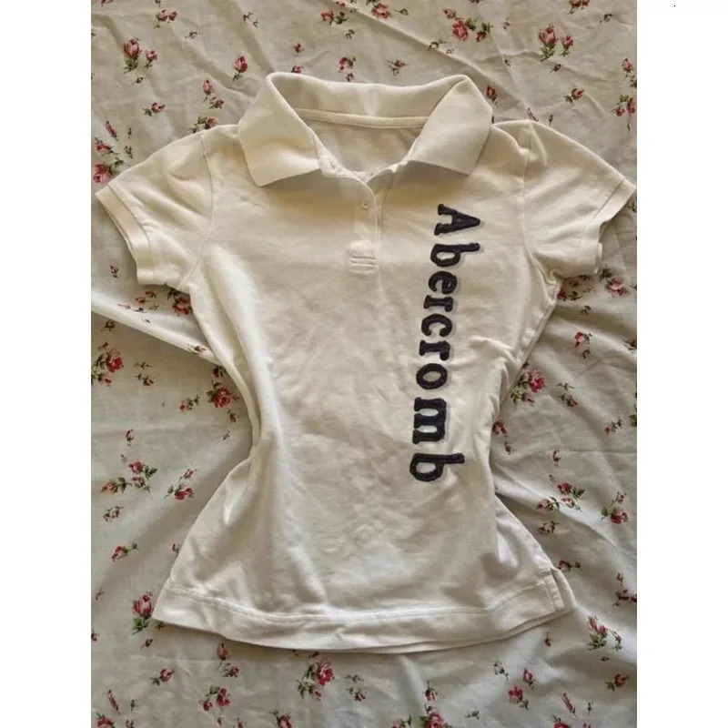 White Y2K Letter Embroidery Short-sleeved T-shirts American Retro Subculture Slim Tees Womens Harajuku Polo Collar Casual Tops 250403