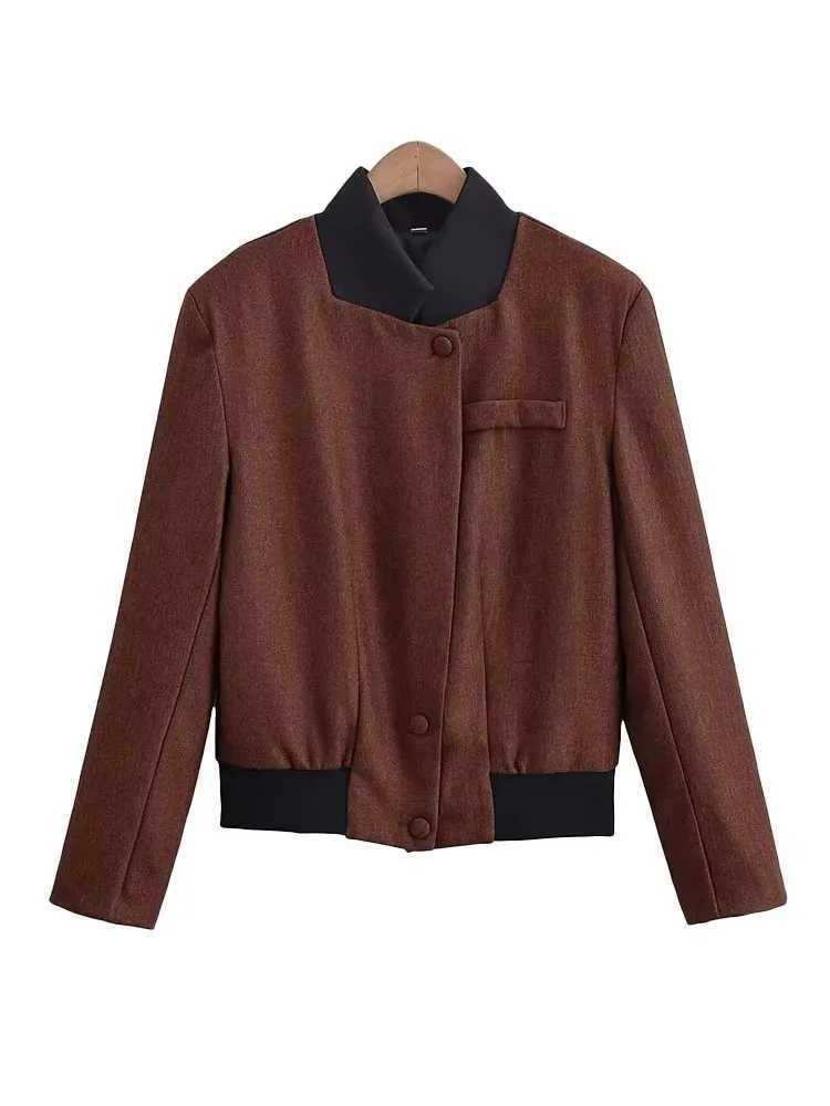 HH Womens Autumn Chic Fashion Elegant Shoulder Pad Spliced Short Jacket Female Simple Elegant Stand Collar Long Sleeve Jacket J251103