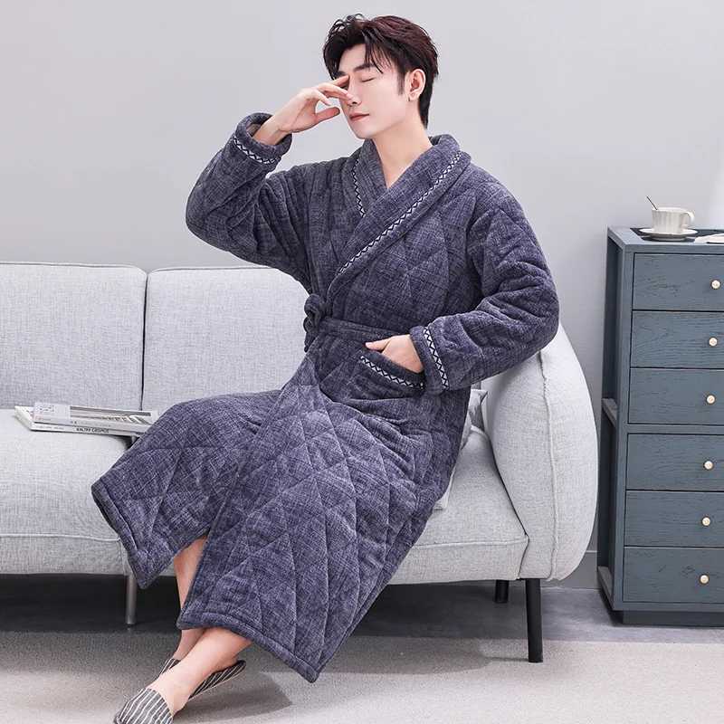 L-5XL Thick 3 Layers Keep Warm Winter Bathrobe Men Soft Coral Fleece Quilted Long Kimono Bath Robe Male Dressing Gown For Mens C251104