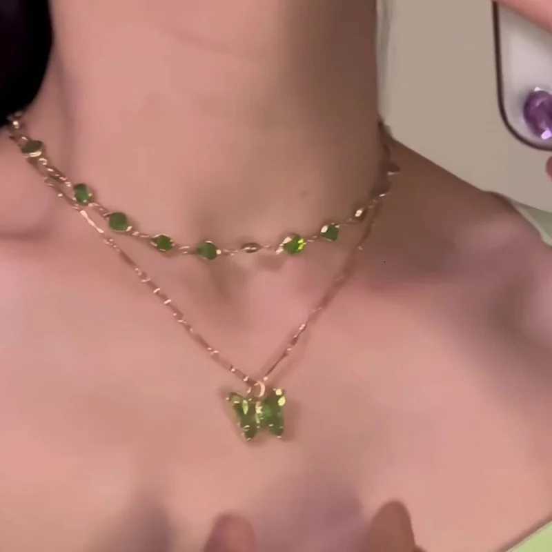 Korean Fashion Double layered Green Butterfly Necklace For Women Elegant Zircon Butterfly Pendant Choker Chain Girls JewelryXJ251104